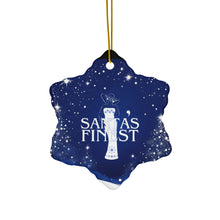 Load image into Gallery viewer, Blue and White Santa's Finest Ceramic Ornaments - 543a