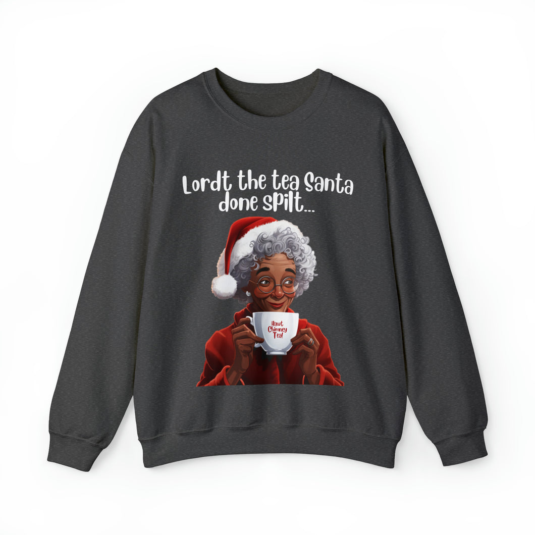 Santa Spills The Tea Sweatshirt, Humourous Gift for Her, Christmas Gift for Her, Black Mrs Claus, Funny Christmas Sweatshirt  - 496b