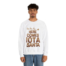 Load image into Gallery viewer, Here Comes IOTA Santa Sweatshirt, Gift for Iota Man, Christmas Gift for IOTA, Brown and Gold Christmas  - 522a
