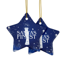 Load image into Gallery viewer, Blue and White Santa's Finest Ceramic Ornaments - 543a