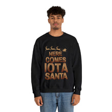 Load image into Gallery viewer, Here Comes IOTA Santa Sweatshirt, Gift for Iota Man, Christmas Gift for IOTA, Brown and Gold Christmas  - 522a

