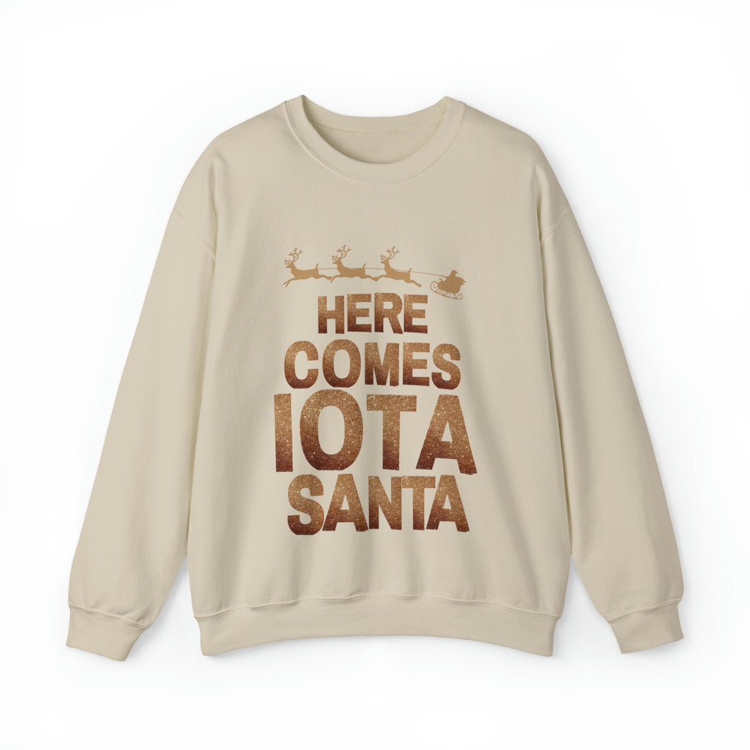 Here Comes IOTA Santa Sweatshirt, Gift for Iota Man, Christmas Gift for IOTA, Brown and Gold Christmas  - 522a