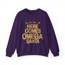 Load image into Gallery viewer, Here Comes Omega Santa Sweatshirt, Gift for Omega Man, Christmas Gift for Omega, Purple and Gold Christmas  - 494a
