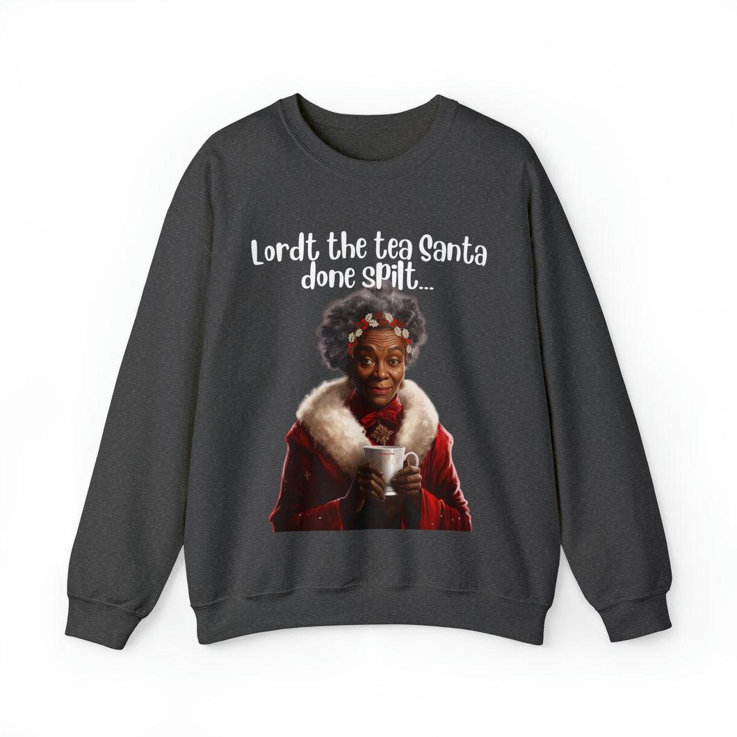 Santa Spills The Tea Sweatshirt, Humourous Gift for Her, Christmas Gift for Her, Black Mrs Claus, Funny Christmas Sweatshirt  - 496g