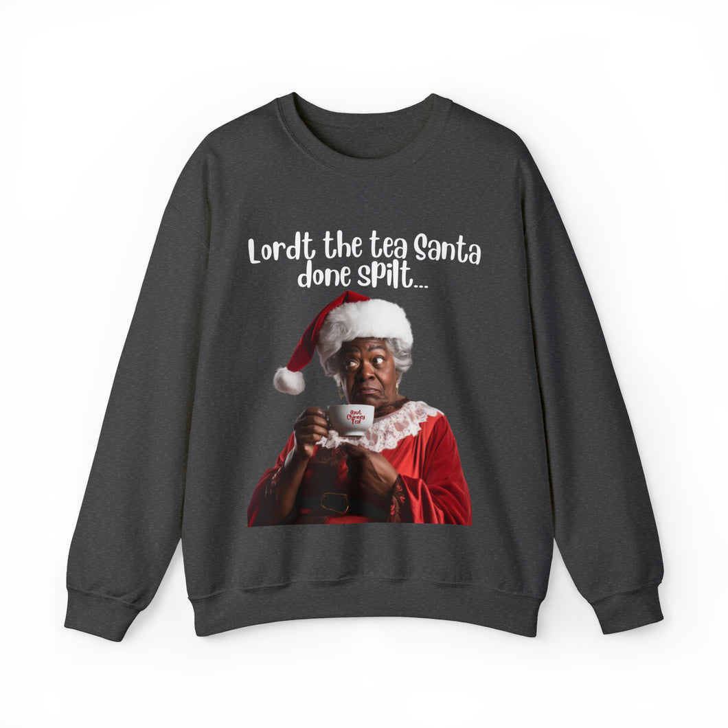 Santa Spills The Tea Sweatshirt, Humourous Gift for Her, Christmas Gift for Her, Black Mrs Claus, Funny Christmas Sweatshirt  - 496d
