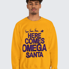 Load image into Gallery viewer, Here Comes Omega Santa Sweatshirt, Gift for Omega Man, Christmas Gift for Omega, Purple and Gold Christmas  - 494a
