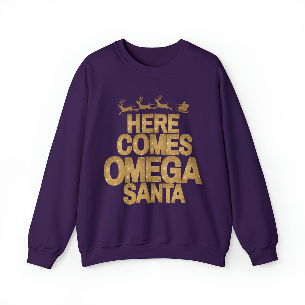 Here Comes Omega Santa Sweatshirt, Gift for Omega Man, Christmas Gift for Omega, Purple and Gold Christmas  - 494a