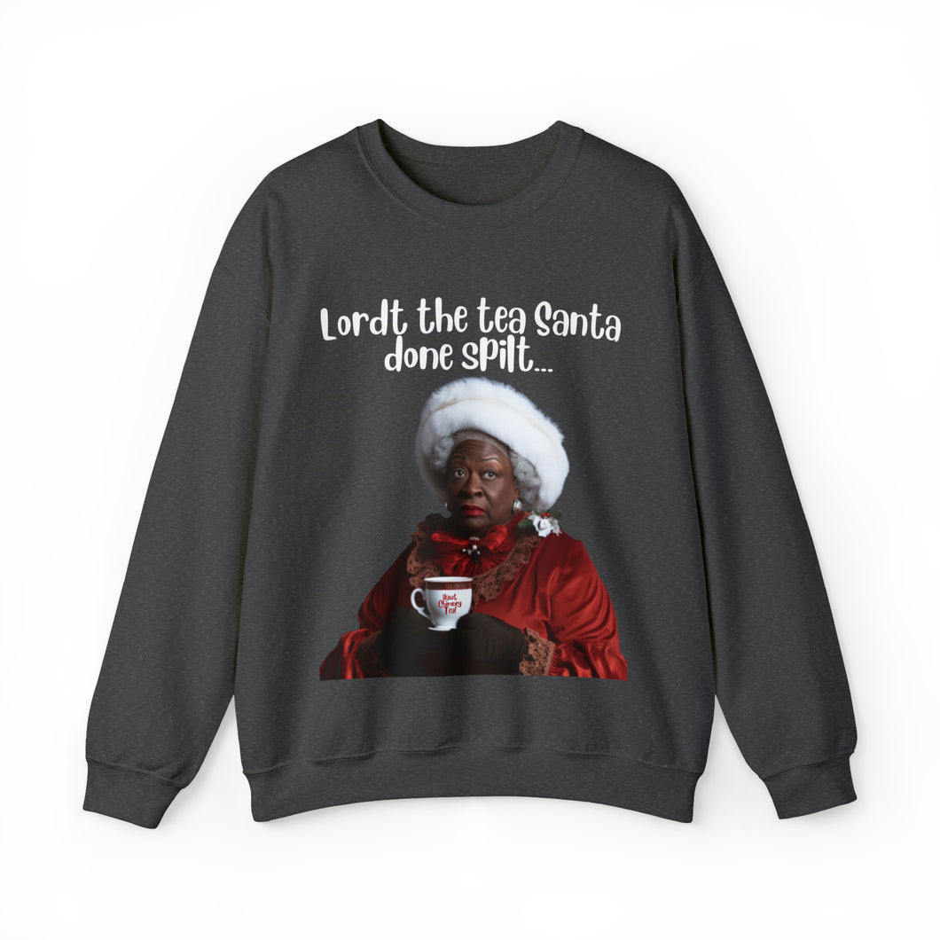 Santa Spills The Tea Sweatshirt, Humourous Gift for Her, Christmas Gift for Her, Black Mrs Claus, Funny Christmas Sweatshirt  - 496e
