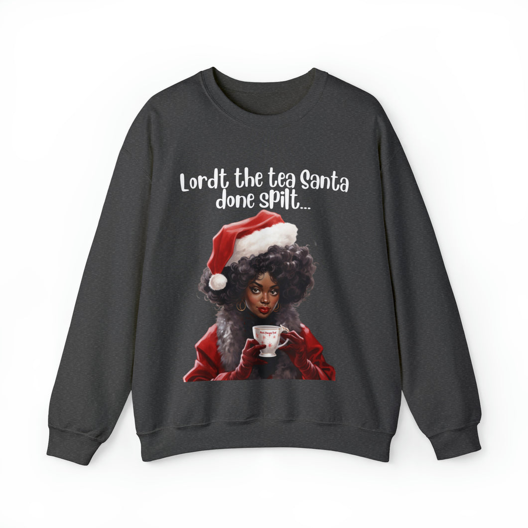 Santa Spills The Tea Sweatshirt, Humourous Gift for Her, Christmas Gift for Her, Black Mrs Claus, Funny Christmas Sweatshirt  - 496a